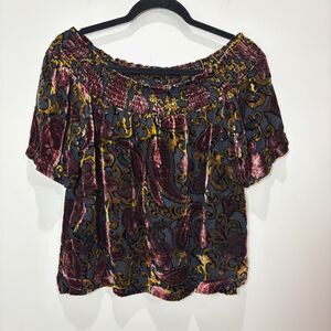 Belle Vere Anthropologie Velvet Burnout Top M Off Shoulder Dark Florals Holidays